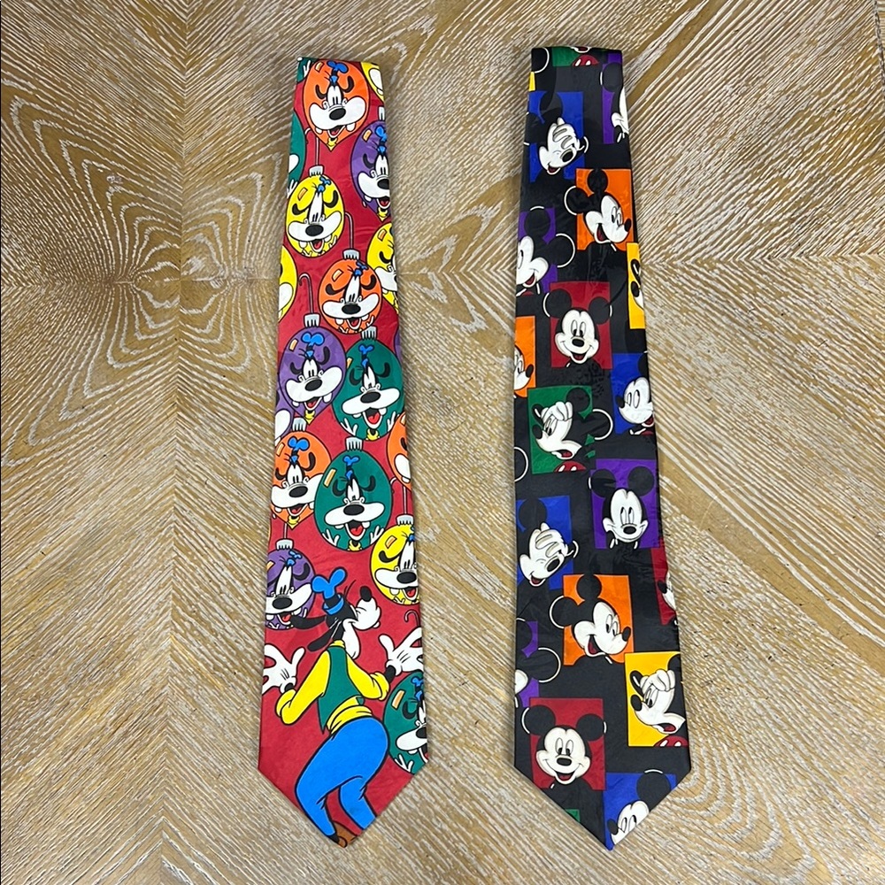 DISNEY Vintage Mickey and Goofey Colorful Cartoon Character Ties Set of Two